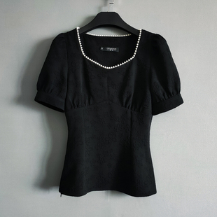 黑色短袖小衫女2023夏修身显瘦珍珠方领T恤精致短上衣薄2152