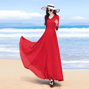拖地长裙2024夏季红色雪纺长袖，大摆显瘦连衣裙长款到脚踝超长