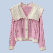舞纤秋冬女装粉色娃娃领宽松慵懒风外套，针织开衫上衣q056s013