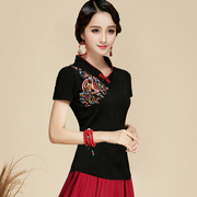 民族风女上衣夏季短袖黑色，v领刺绣t恤日常复古改良版中国风女装