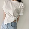 韩国chic夏季减龄复古宽松圆领，上衣短袖t恤女短款纯色不规则