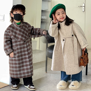 韩版2022男女童双面，羊绒冬装加厚呢子外套中长款设计师，款大衣