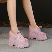 粉色内增高12cm休闲松糕鞋女小个子小码皮鞋厚底超高跟单鞋春秋季