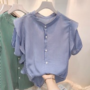 蓝色条纹衬衫女短袖夏季薄款2024年设计感小众荷叶边衬衣上衣