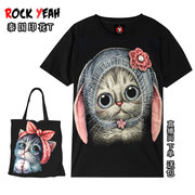 泰国T恤 卡通猫咪原创时尚印花短袖 减龄遮肉 纯棉黑色打底衫