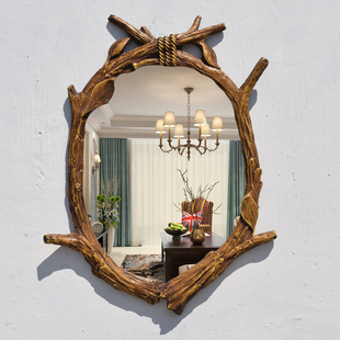 异形欧式浴室镜美式乡村玄关镜复古实木化妆镜卫浴镜装饰镜子壁挂