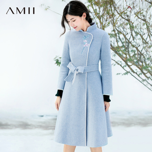 amii2024年秋立领绣花配腰带双面，呢大衣女内外异色羊毛呢外套