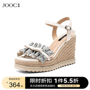 jooc玖诗一字带凉鞋女23夏法式(夏法式)水钻褶皱荷叶边设计高跟鞋6721