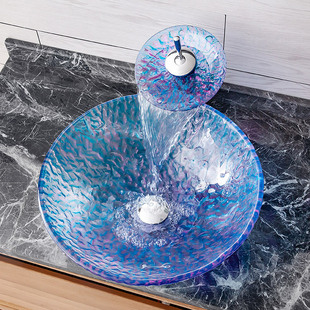 钢化玻璃台上盆，家用民宿洗手盆地中海蓝色艺术盆，创意特色美容院