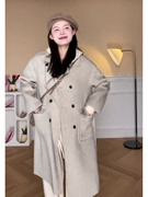 韩系赫本风大衣秋冬季时尚，小个子长袖双排扣毛呢中长外套