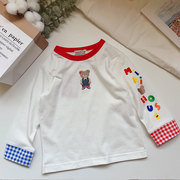日系外贸童装女宝宝可爱卡通刺绣小熊长袖T恤女童纯棉拼接袖上衣