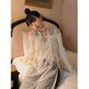 韩国chic夏季小众气质圆领刺绣，提花透视网纱叠穿开叉背心连衣裙女