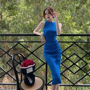 高级感法式蓝色无袖针织背心连衣裙女夏季气质优雅修身性感包臀裙