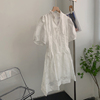 白色温馨优雅立领连衣裙短袖，减龄百搭气质中裙时尚，休闲洋气e$3