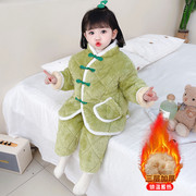 2儿童女童法兰绒睡衣冬季三层3岁夹棉加绒加厚宝宝女孩中国风盘扣