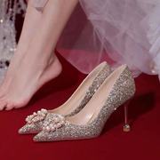 水晶鞋婚鞋2021年新娘鞋婚纱银色高跟鞋女细跟伴娘鞋珍珠单鞋