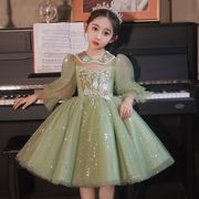 女童礼服轻奢小众钢琴绿色演出服，儿童生日公主裙主持人花童纱裙