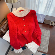 红色毛衣女(毛衣女)款，2024冬季洋气，时尚钉珠蕾丝拼接秋冬针织开衫