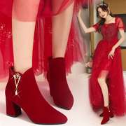 婚鞋新娘鞋冬天女2022年婚鞋加绒粗跟红色高跟鞋两穿结婚靴子