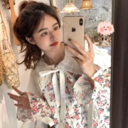 韩系甜美设计感小众娃娃领碎花绑带荷叶袖衬衫女2021春秋衬衣