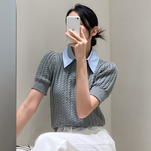 韩国chic夏季复古小众翻领麻花纹假两件设计宽松百搭泡泡袖针织衫