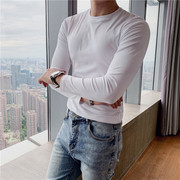 春季韩版修身弹力高级感圆领长袖，t恤型男青年，百搭舒适紧身打底衫