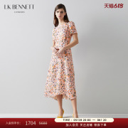 lkbennett粉色真丝连衣裙女夏短袖高腰桑蚕丝缎面气质碎花长裙