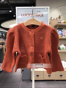 韩国中小童装秋女宝宝甜美砖红色泡泡袖针织开衫毛衣外套