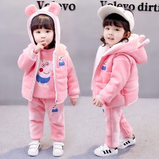 女宝宝0女婴儿童装衣服1冬装3岁女童2加绒洋气卫衣三件套装韩版潮