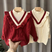 儿童新年红色毛衣女童半高领假两件套针织衫，女宝宝冬装，花边毛线衣(毛线衣)