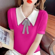 娃娃领冰丝短袖t恤女2024夏季宽松设计感拼色蝴蝶结针织衫