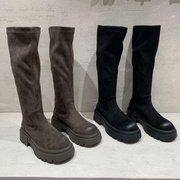 欧洲站女靴2023秋季欧货真皮，圆头厚底弹力显瘦时装高筒靴长靴