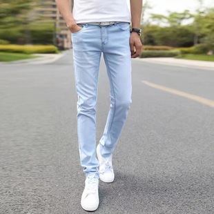 牛仔裤男士潮牌修身韩版潮流2021夏季薄款浅蓝色，小脚九分裤子男生