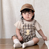 新生婴儿衣服韩版连体背带短裤，男宝宝格子小熊外穿短袖t恤两件套