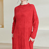 大红色羊毛裙秋冬装宽松长款针织连衣裙，时尚中年妈妈打底裙大码女