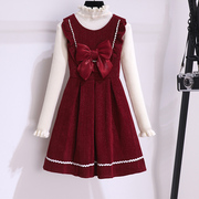 je女童红色连衣裙秋冬款洋气丝绒背心裙套装儿童毛衣两件套公主裙