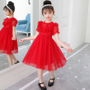 女童连衣裙夏装红色蕾丝裙宝宝六一儿童节白纱公主裙学生演出礼服