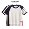 JZZDEMM拼色韩版条纹学院风针织短袖女前短后长设计感时尚薄上衣