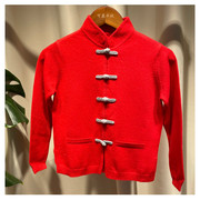 内蒙古复古手工盘扣甜美针织山羊绒开衫立领纯色秋冬季保暖大红色