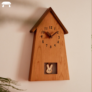 小房子实木挂钟兔子静音摆钟樱桃木，可爱时钟客厅儿童，房日式原木风