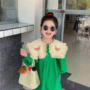 韩版童装儿童洋气刺绣花朵大翻领连衣裙小童宝宝复古泡泡袖公主裙