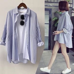 韩国2024夏季纯棉衬衫女长袖，宽松大码条纹，韩版衬衣防晒上衣