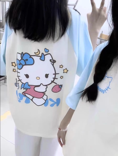 奶甜纯棉插肩短袖t恤女夏季大码胖mm拼接kitty猫半袖中长款上衣潮