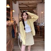 韩系套装女装春季甜美奶黄色针织，开衫短袖t恤a字半身裙时尚三件套