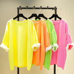 夏季韩版宽松大版纯色短袖T恤女圆领拼接中长款花瓣袖体恤衫