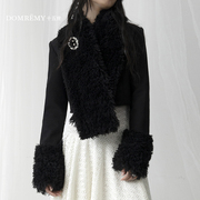 Domremy十五世春季复古高级感黑色拼接仿羊羔毛领围脖短外套女