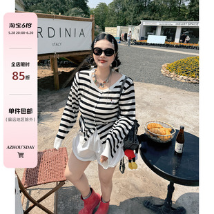 阿周家大码微胖女装长袖条纹针织衫女夏季胖MM显瘦薄款开衫上衣