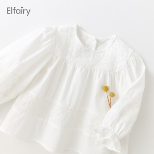 Elfairy儿童花边娃娃衫女童衬衣白色2024宝宝春装上衣衬衫棉