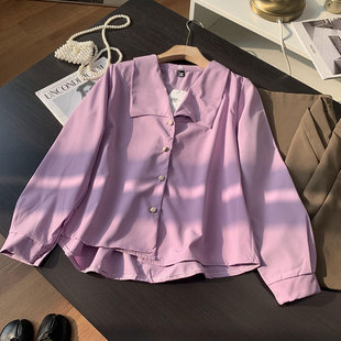 紫色衬衫早秋长袖直筒单排扣开衫衬衫女秋季设计感h29
