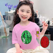 草莓短袖儿童纯棉亮片西瓜短袖t恤可变图案衣服女童半袖t恤变身